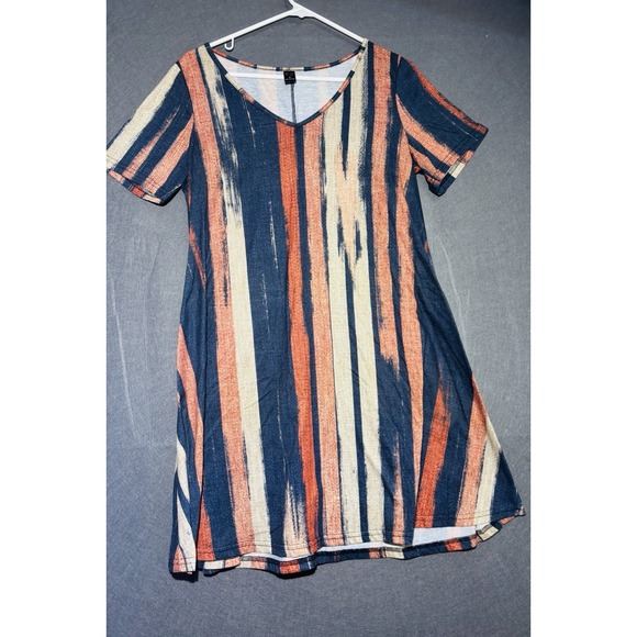 Emery Rose Women's Dress Casual M Brown Striped V-Neck Short Sleeve Stretch Boho - Picture 4 of 14